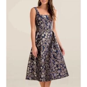 Francesca's Blue Gold Floral Metallic Sleeveless Midi Fit & Flare A-line Dress L